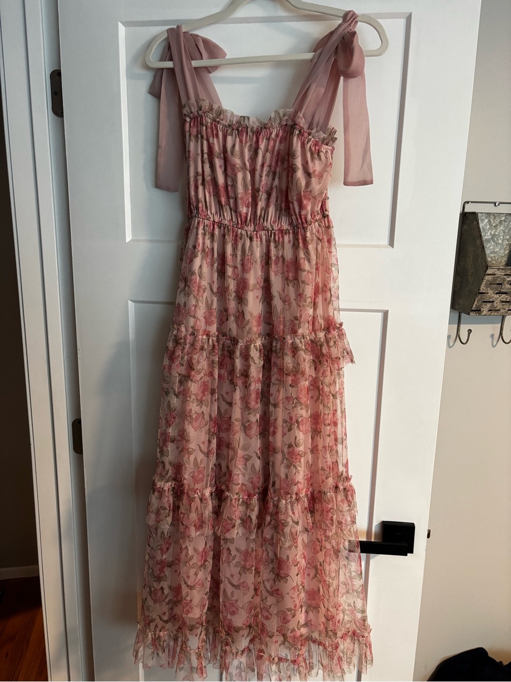 Pink Floral Tiered Chiffon Dress with Ties